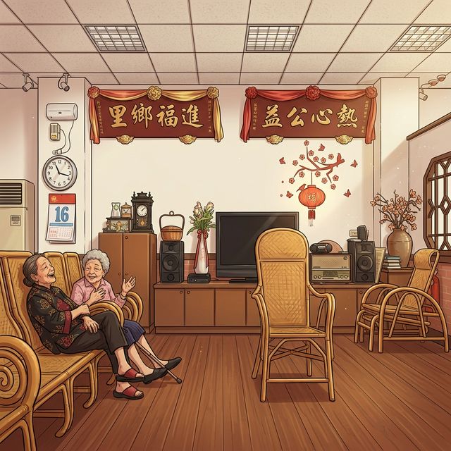 Chinese older women resting and speaking together inside a care centre (Comic)